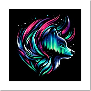 Abstract Wolf with Aurora Borealis Posters and Art
